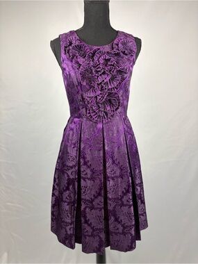 Formal Dress Sleeveless Purple Floral Jacquard Dress with Ruffle Detail